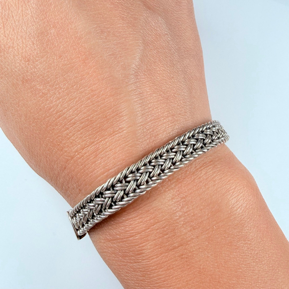 Classic Square Spiga Wheat 7.5mm Woven Braided 925 Sterling Silver VTG Bracelet - Picture 8 of 10